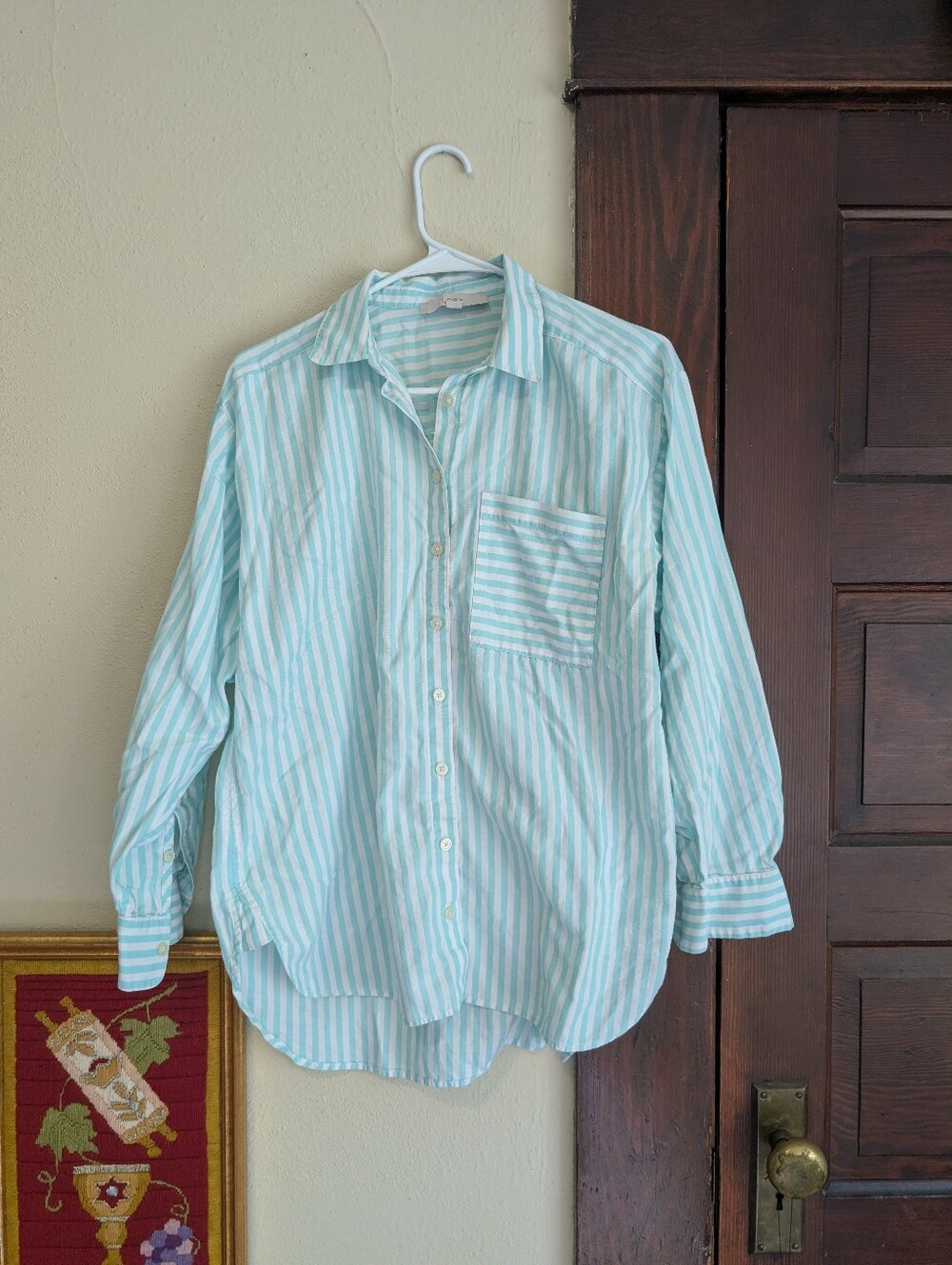 LOFT Striped Button-Up Shirt Women's S Green White Collared 100% Cotton Pockets
